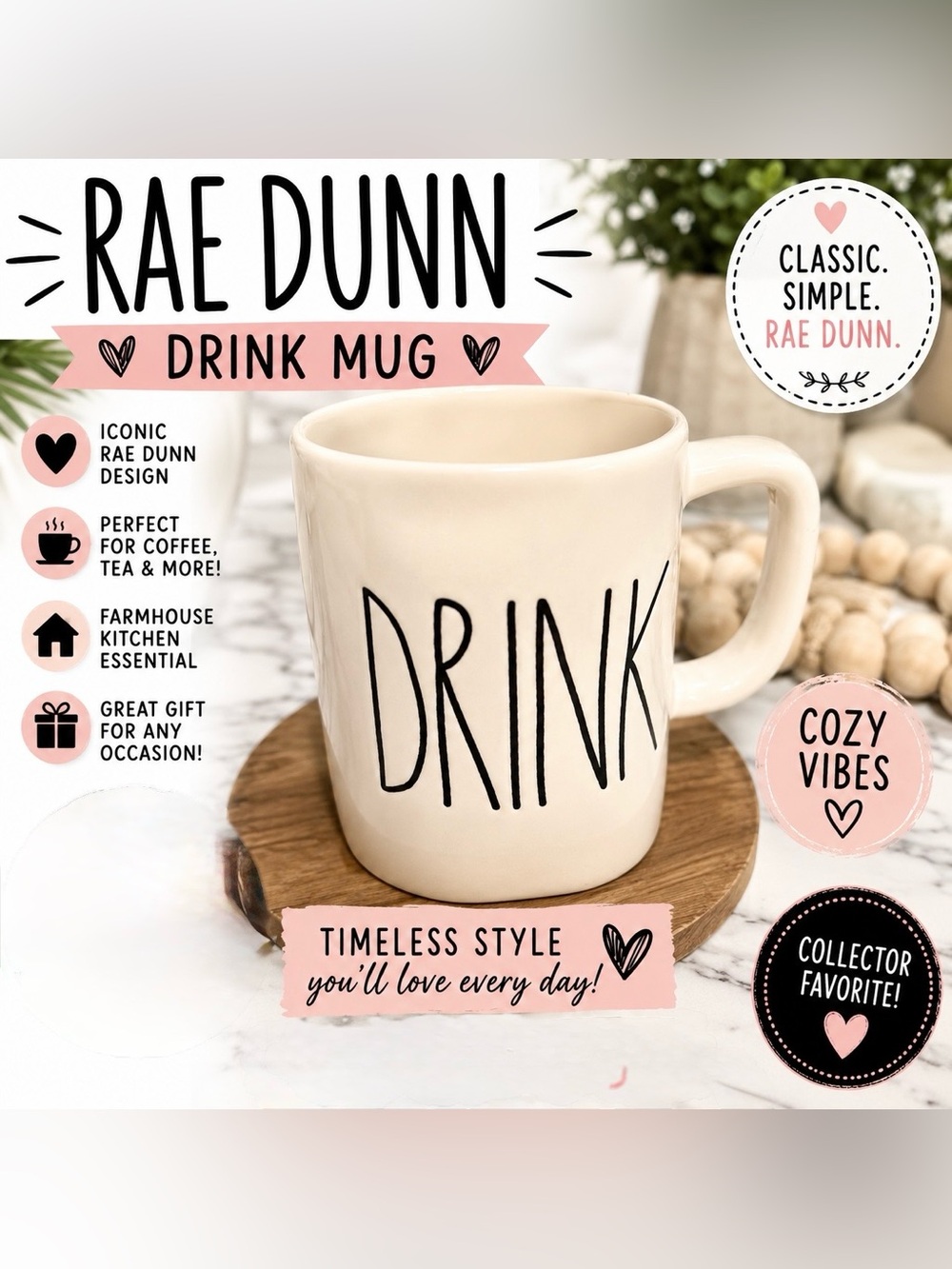 Rae Dunn DRINK Coffee Mug Farmhouse Ceramic Mug Black Lettering Kitchen Decor